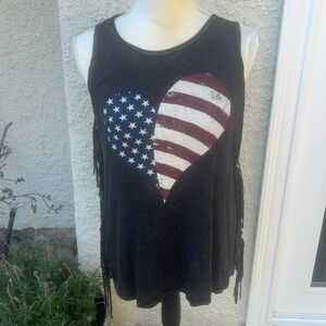 T Party Women's Black Grey Fringe USA Heart Tank Top Size L NWT